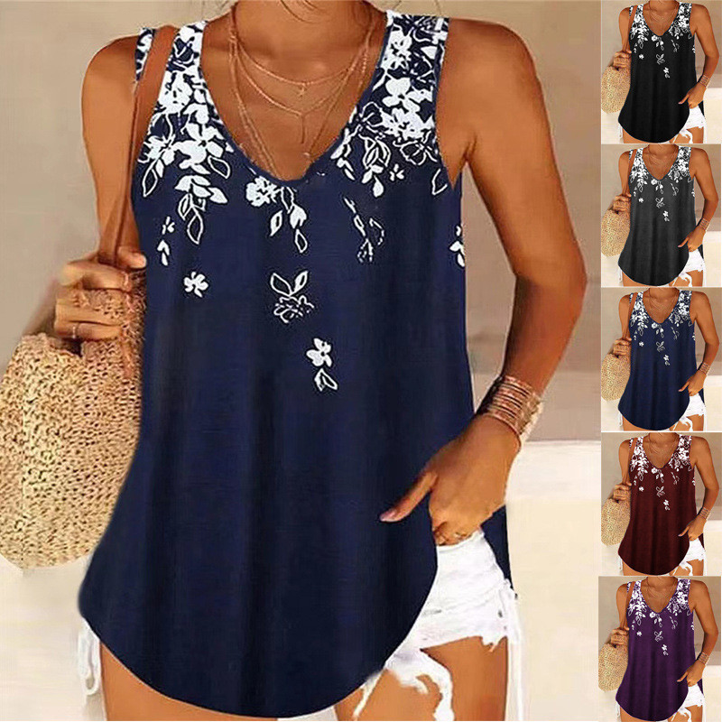 Elegant Women's Loose  Cotton Loose V Neck Printed Casual Sleeveless Camisole Top