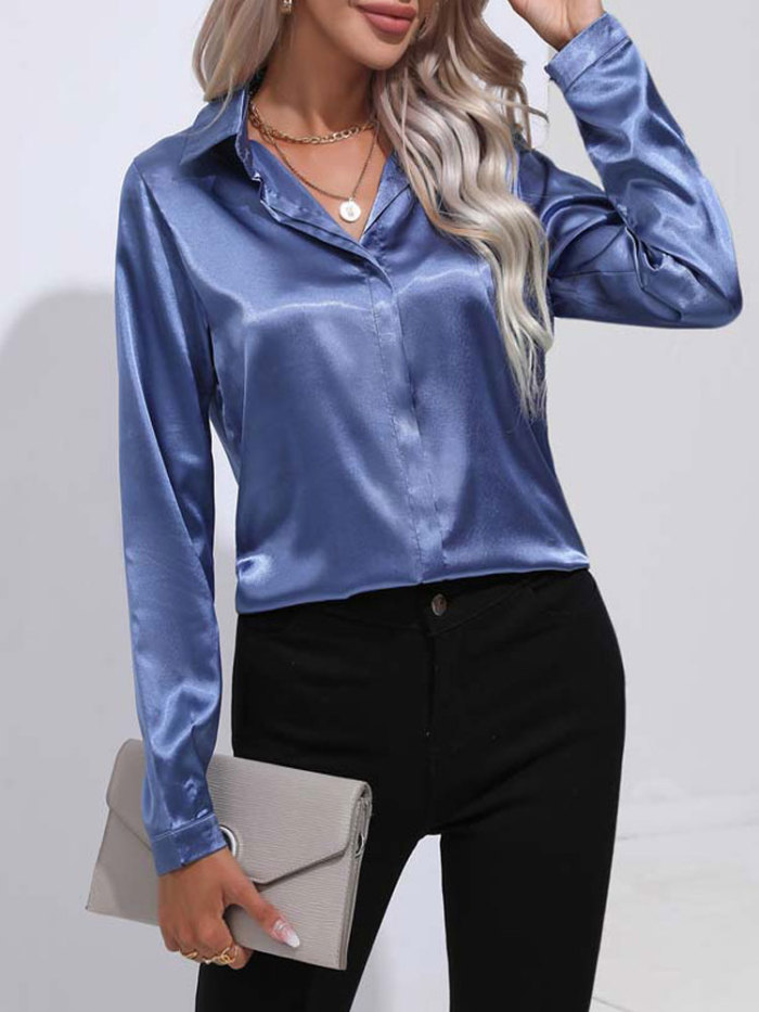Fashion Satin V Neck Long Sleeve Office Loose Blouses & Shirts