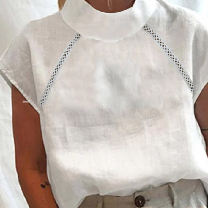 Vintage Embroidered Turtleneck Casual Half Sleeve Fashion Cotton Linen Blouses & Shirts