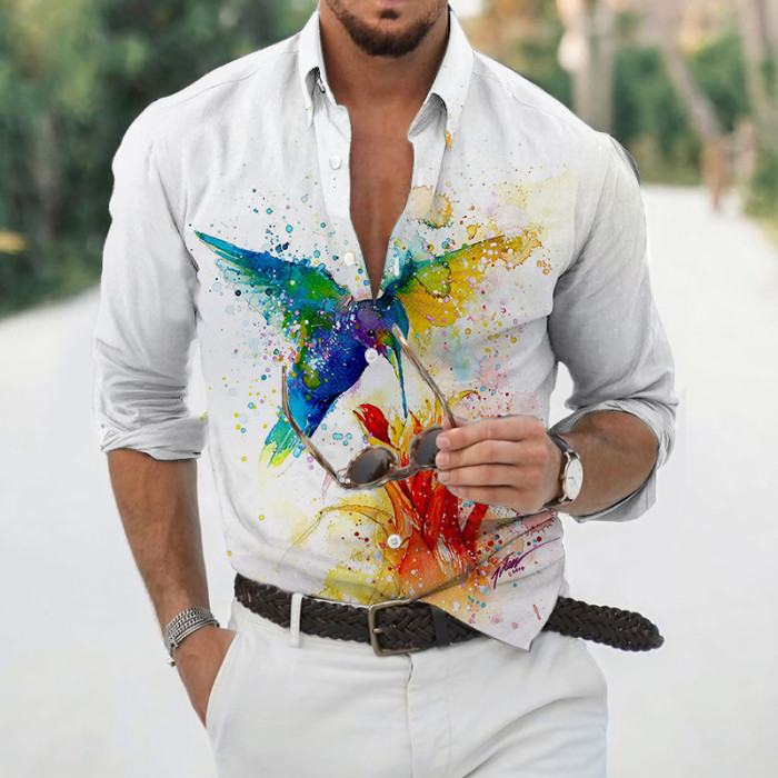 Men Flower Print Long Sleeve Plus Size Shirt