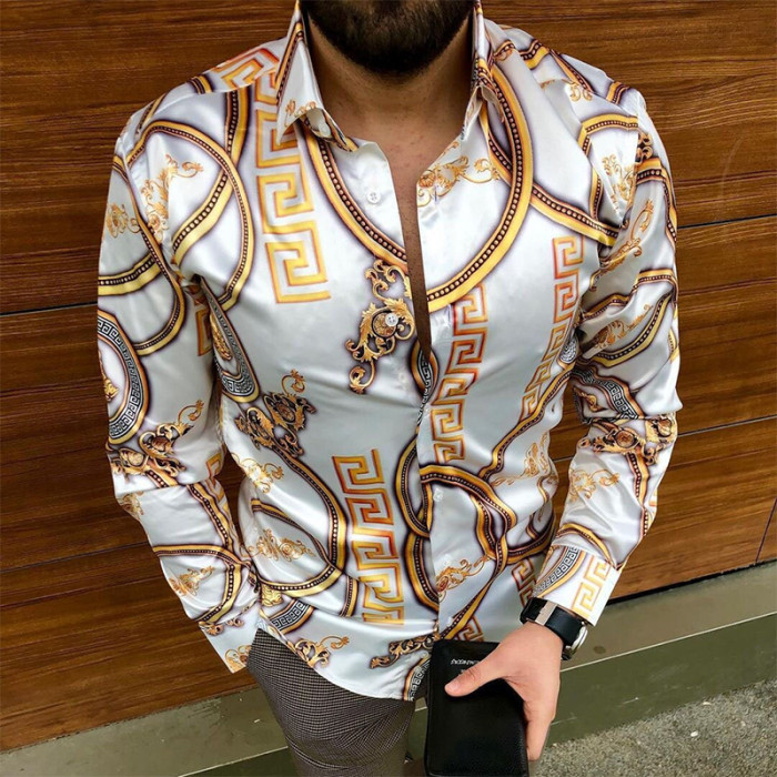 Men's Long Sleeve Slim Button Lapel Fashion 3D Printing Party Shirt Blouse