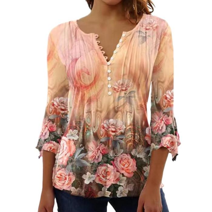 Trendy Floral Print Trendy V Neck 3/4 Sleeve Elegant Casual Chic Blouses & Shirts