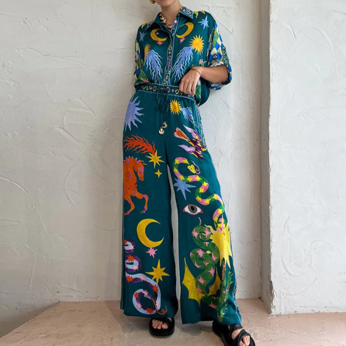 Women's Fashion Print Vintage Shirt Top and Drawstring Pant  Two Pieces Set