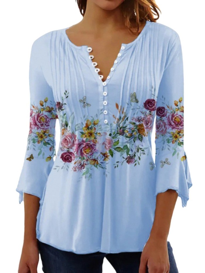 Trendy Floral Print Trendy V Neck 3/4 Sleeve Elegant Casual Chic Blouses & Shirts