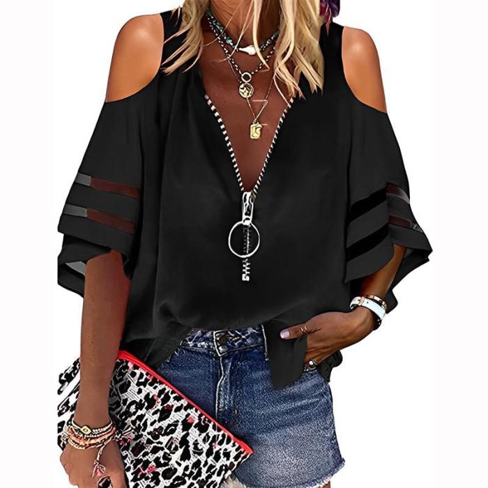Solid Color Tops Fashion Zipper V Neck 3/4 Sleeves Elegant  Casual  Blouses & Shirts