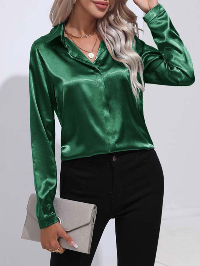 Fashion Satin V Neck Long Sleeve Office Loose Blouses & Shirts