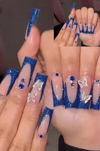 Long Ballet Nail Blast Blue French Silver Butterfly Manicure