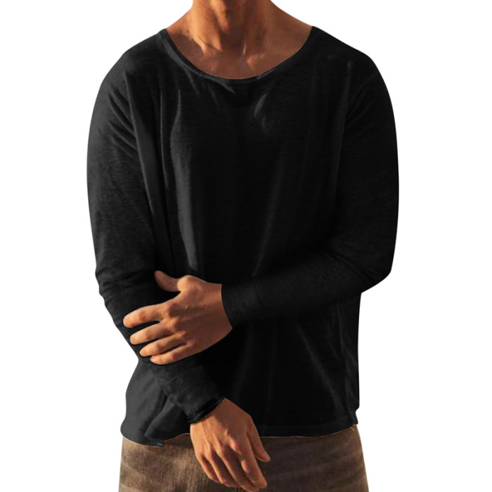 Men's Fashion Vintage Long Sleeve Solid Color Casual Loose V Neck T-Shirt