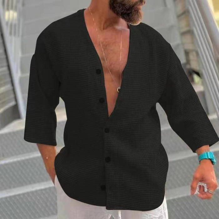Men's Fashion Loose V Neck Casual Button Pullover Blouse & Shirts