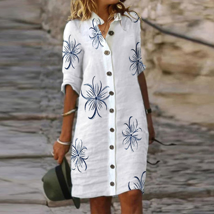 Fashion Butterfly Print Straight Party Lapel A-Line Shirt  Casual Dress
