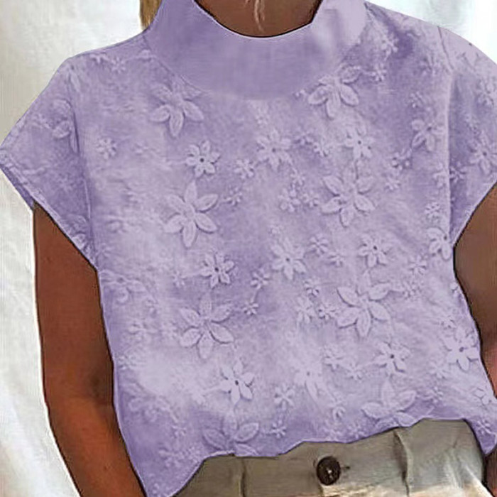 Vintage Embroidered Turtleneck Casual Half Sleeve Fashion Cotton Linen Blouses & Shirts