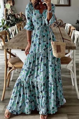 Women Floral Print Casual V-Neck Half Sleeve Loose Vintage Bohemian Beach Maxi Dress