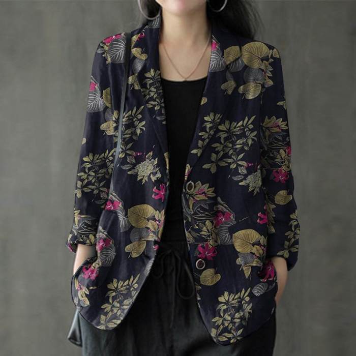 Oversized Women's Trendy Print Casual Floral Single Button Tunic Blazer