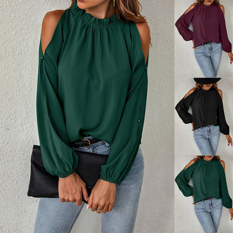 Elegant Fashion Round Neck Solid Color Ruffle Off Shoulder Blouses & Shirts