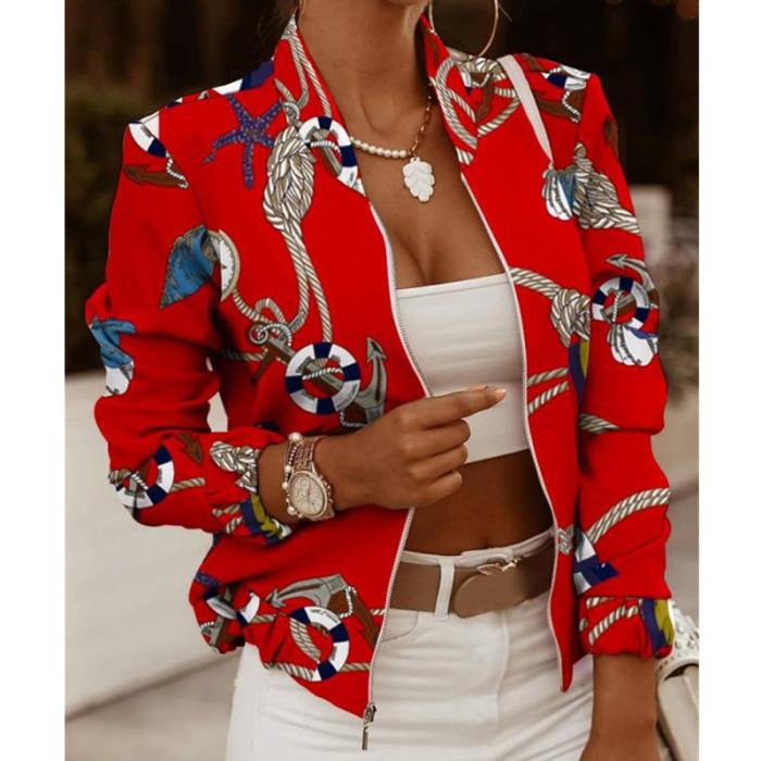Women's Stand Collar Long Sleeve Fashion Bohemian Print Zipper Top Jacket