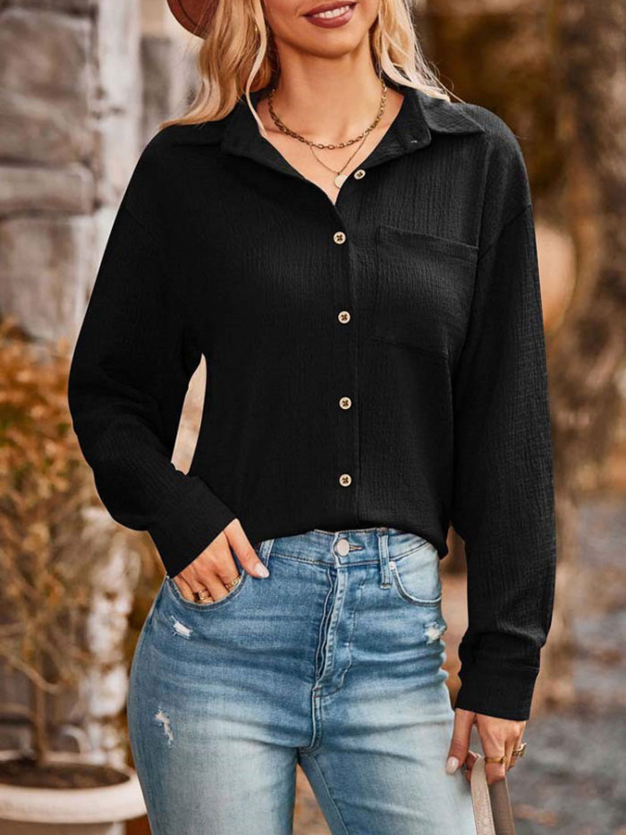 Women's Button Down Loose Pleated Pocket Long Sleeve Blouses & Shirts