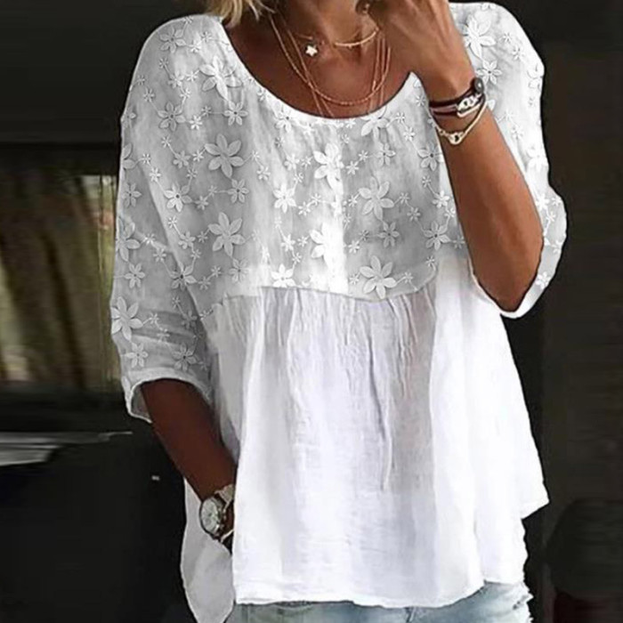 Fashion Embroidered Floral Lace Round Neck Three Quarter Sleeves Office T-Shirts