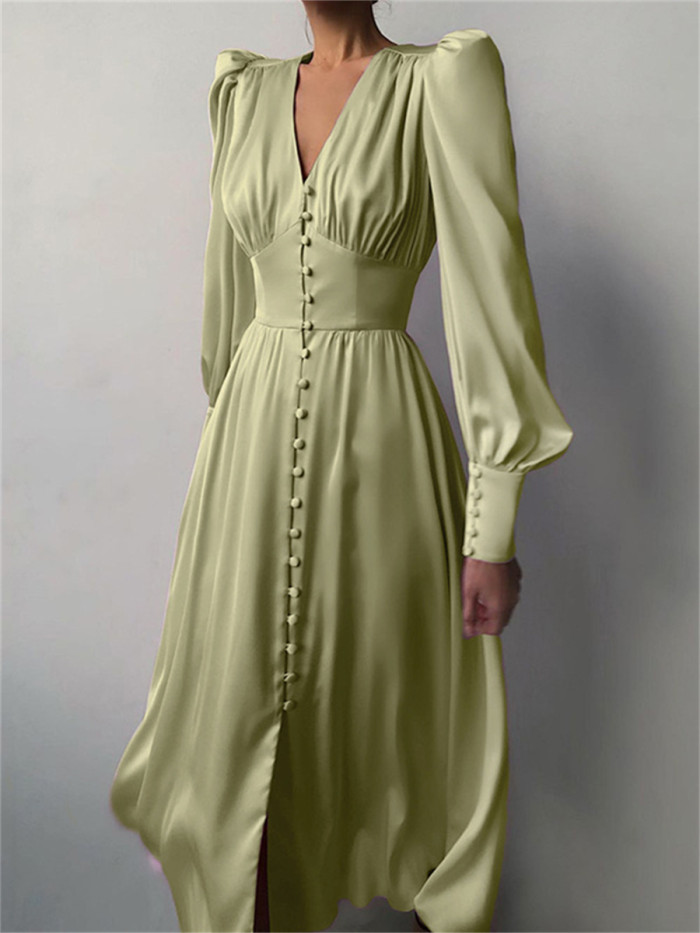 Fashionable Elegant Satin A-Line Party Long Sleeve V Neck Flare Midi Dress