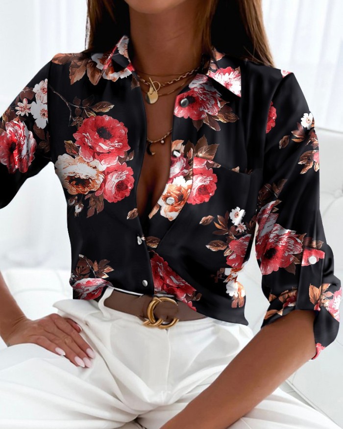 Women's Tops  Printed Single Breasted Graphic V-Neck Blouses & Shirts