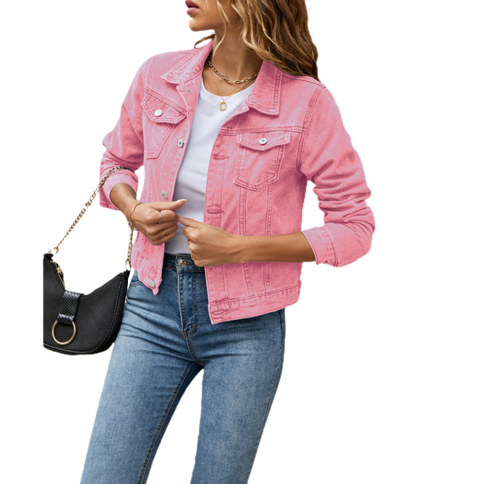 Fashion Women's Casual Solid Color Button Down Slim Denim Jacket