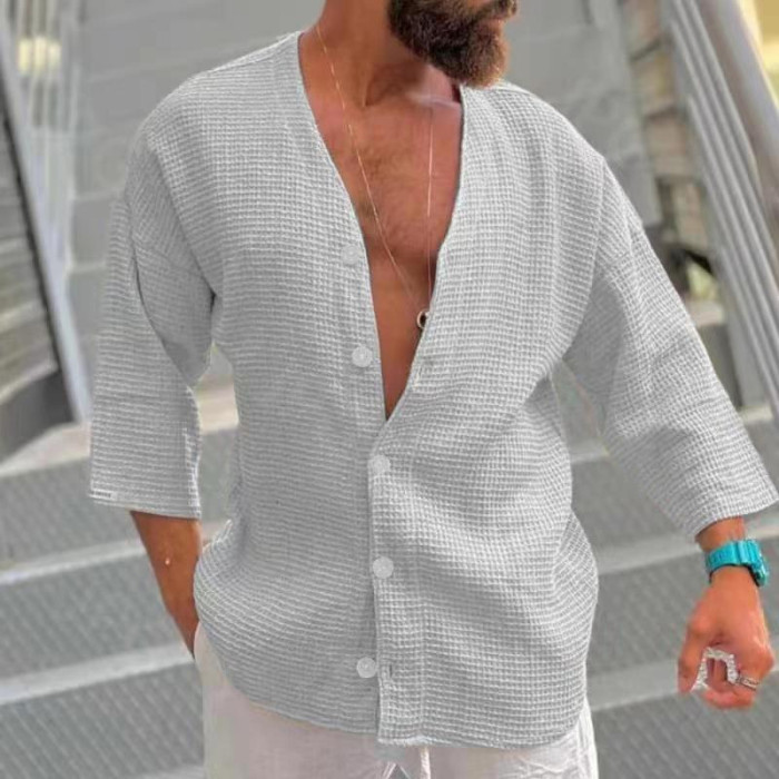 Men's Fashion Loose V Neck Casual Button Pullover Blouse & Shirts