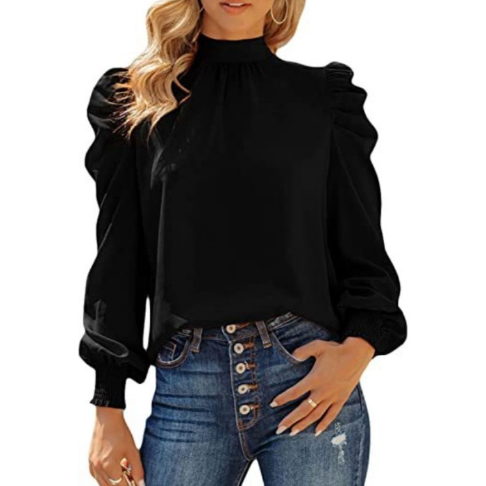 Fashion Casual Loose High Neck Puff Sleeve Office  Blouses & Shirts Top