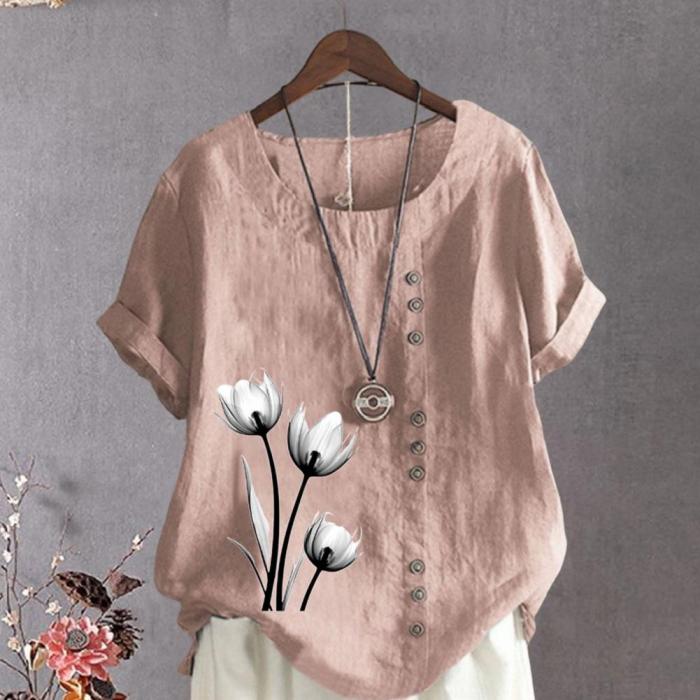 Women's Fashion Casual Linen Round Neck Loose Printed T-Shirt