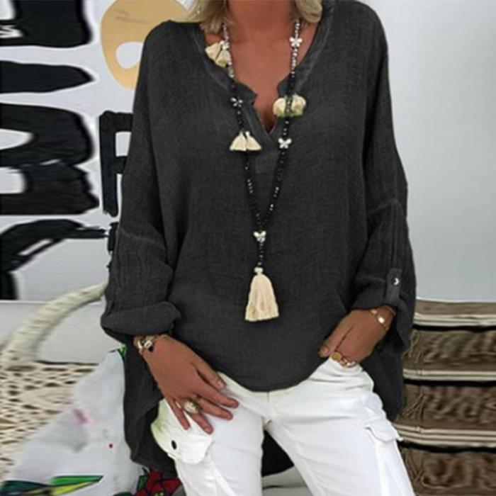 Casual V Neck Linen Cotton Elegant Print Long Sleeve Loose Blouses & Shirts