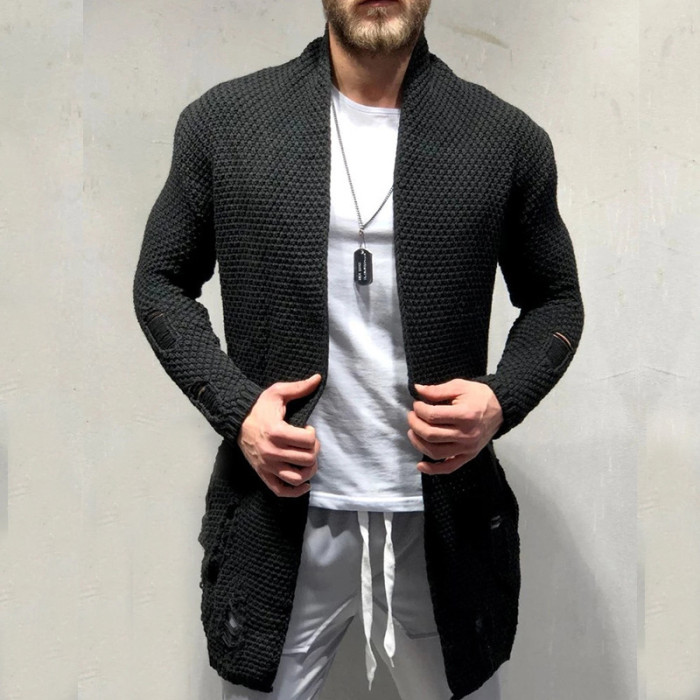 Fashion Ripped Design Knitted Solid Color Loose Retro Men's Cardigan
