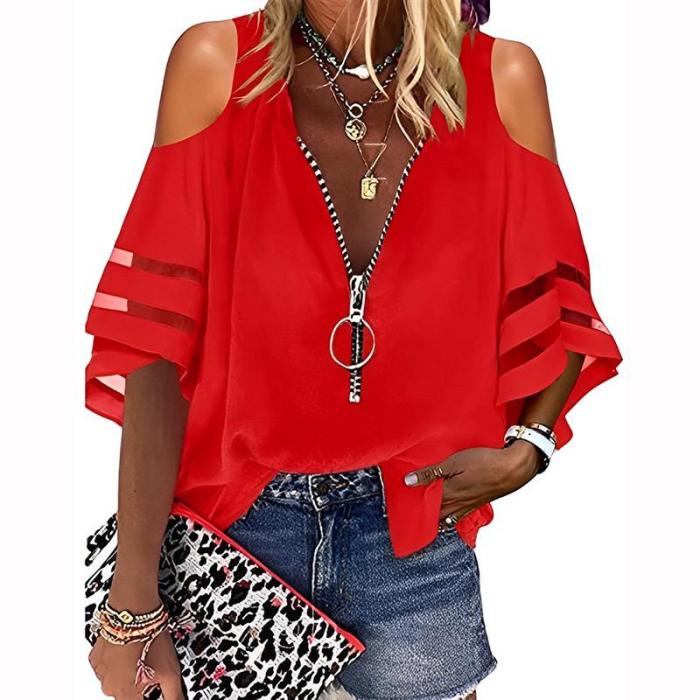 Solid Color Tops Fashion Zipper V Neck 3/4 Sleeves Elegant  Casual  Blouses & Shirts
