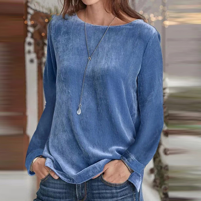 Casual Solid Color Long Sleeve O Neck Loose Fashion Velvet Elegant Top T-Shirts