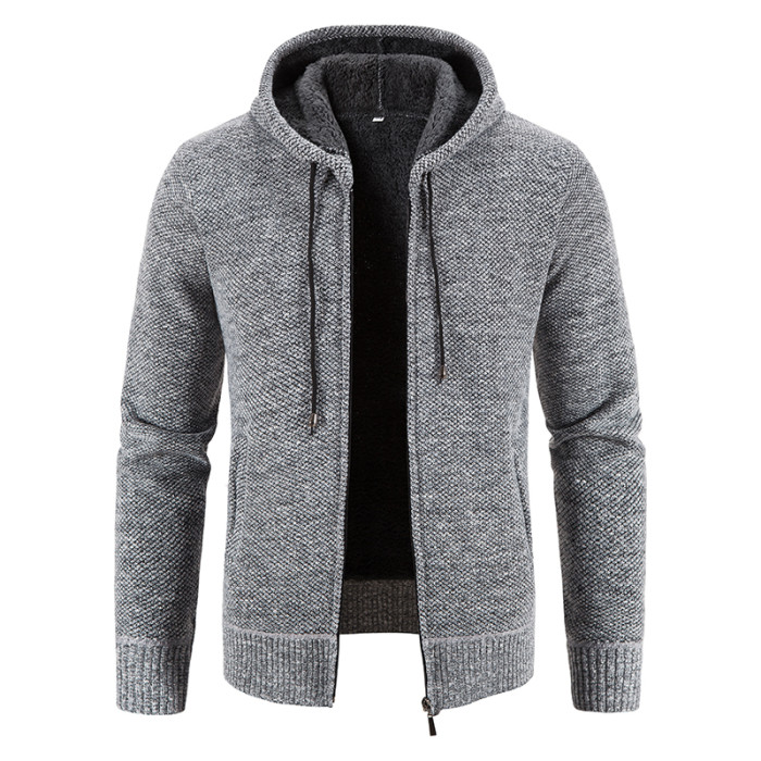 Men's Sweater Zipper Hooded Fashion Warm Slim Knitted Wool Thick Cardigan Jacket