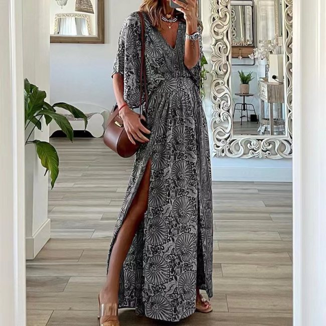 Unique Print Dolman Long Sleeve Ruched Slit Midi Dress