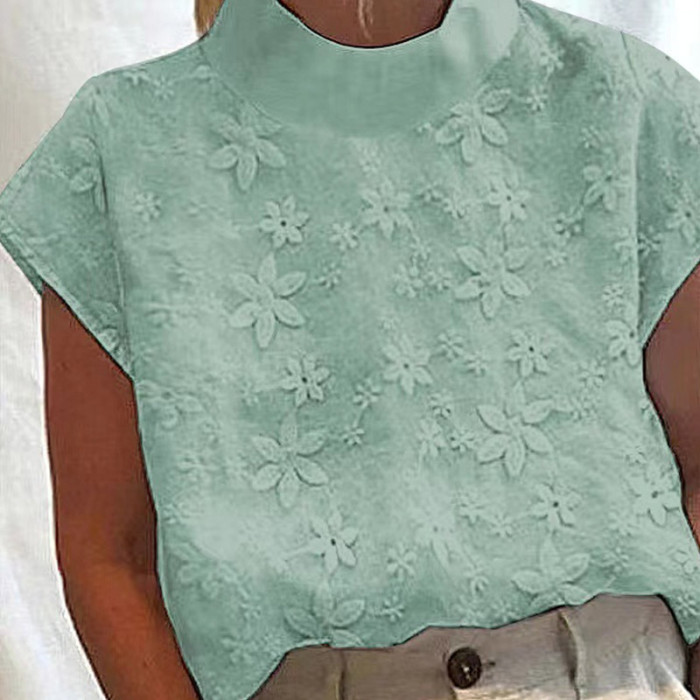 Vintage Embroidered Turtleneck Casual Half Sleeve Fashion Cotton Linen Blouses & Shirts