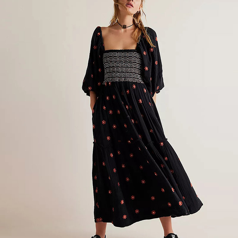 Women's Sexy Square Neck Party Floral Print Backless Boho Maxi Dress