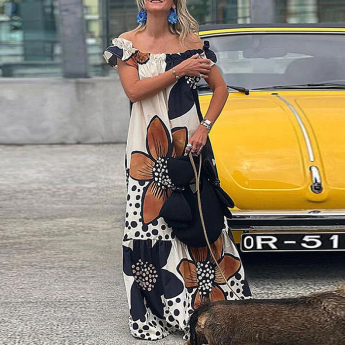 Boho Beach Retro Elegant Off-The-Shoulder Printed Oversized Maxi Dress