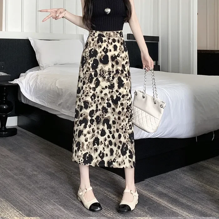 Fashion Sexy Leopard Print Slit Summer High Waist A-Line Bag Hip Mid Skirts