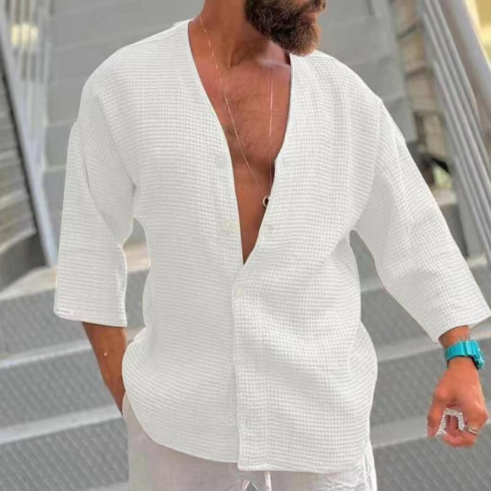 Men's Fashion Loose V Neck Casual Button Pullover Blouse & Shirts