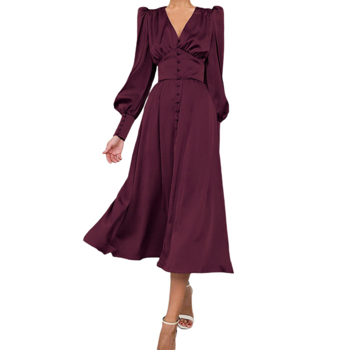 Fashionable Elegant Satin A-Line Party Long Sleeve V Neck Flare Midi Dress