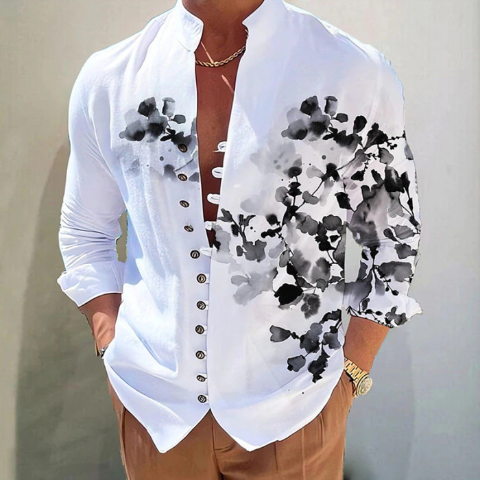 Fashion Men's Loose Stand Collar Button Casual Vintage Tops Blouse & Shirts