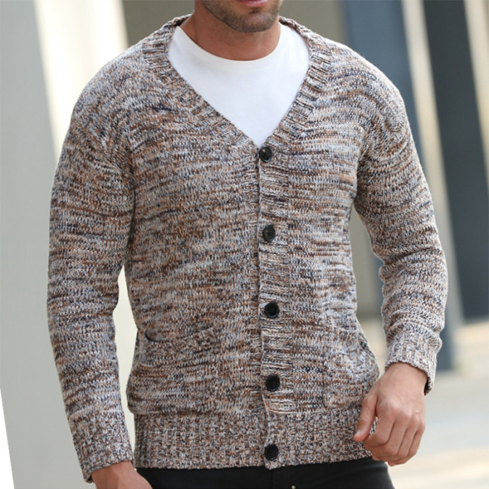 Men's Fashion Retro V Neck Sweater Thick Casual  Knitted Cardigan