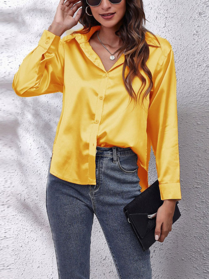 Women's Fashion Satin Loose Button Up Long Sleeve  Blouses & Shirts