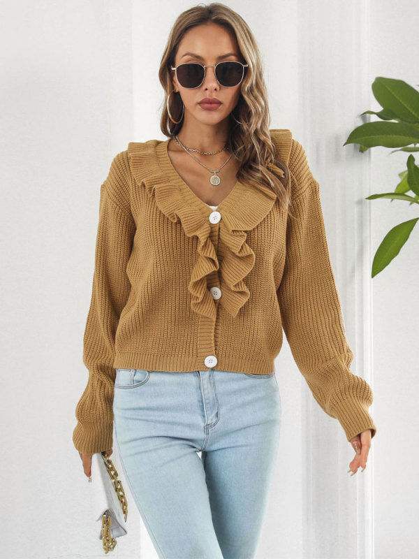 Women's Fashion Ruffle Trim V Neck Long Sleeve Pullover Knitted Sweater