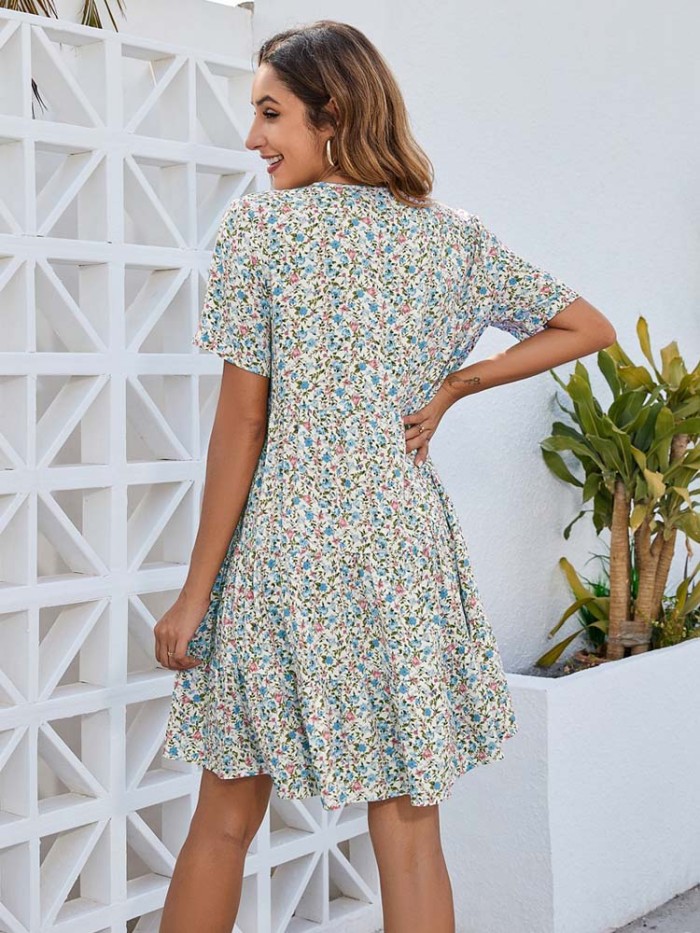 Summer Floral Loose V Neck Party A-Line Print Ruffle Mini Dress