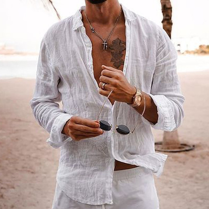 Vintage Men's Cotton Linen Breathable Beach Classic Solid Lapel Oversized Shirt