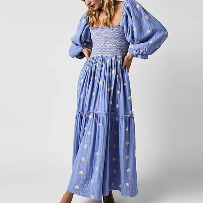 Women's Sexy Square Neck Party Floral Print Backless Boho Maxi Dress
