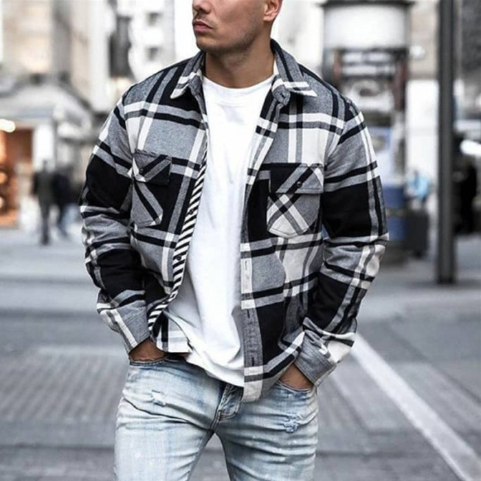 Men's Fashion Plaid Print Lapel Button Down Casual Loose Jacket