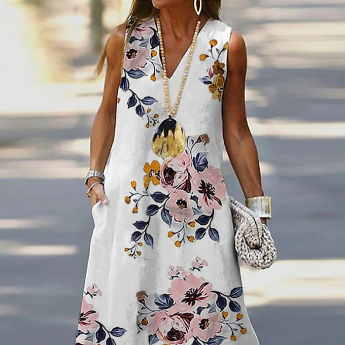 Fashion Floral Print A Line Cotton Elegant V Neck Sleeveless Loose Party Dress