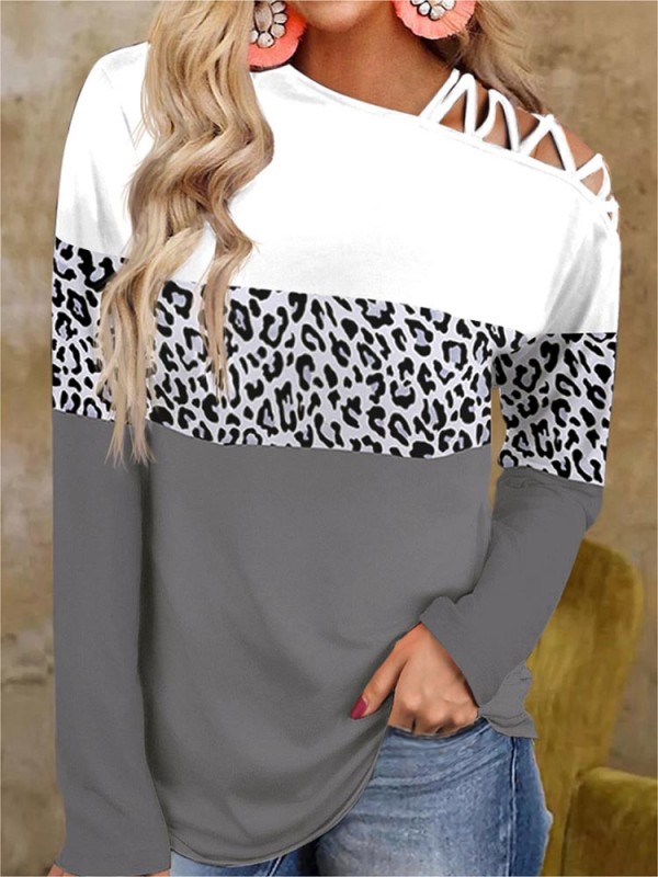 Fashion Off Shoulder Leopard Cross Fashion Casual Long Sleeve T-Shirts Top