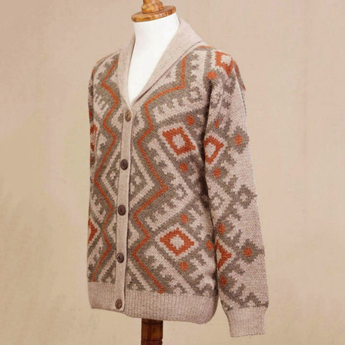 Men's Knitted Jacket Vintage Pattern Print Fashion Loose Cardigan